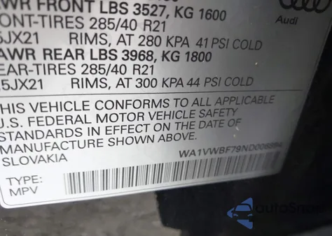 2022 Audi Sq7 Prestige Tfsi Quattro Tiptronic from USA, damaged, VIN WA1VWBF79ND006894